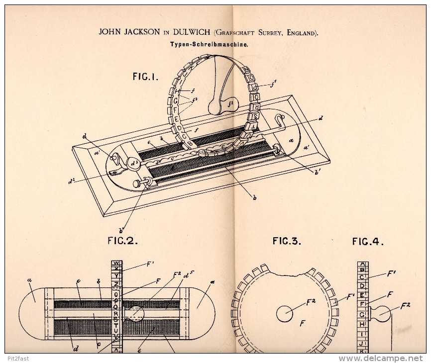 Original Patentschrift - John Jackson In Dulwich / London , 1891 , Typewriter, Printing !!! - Tools