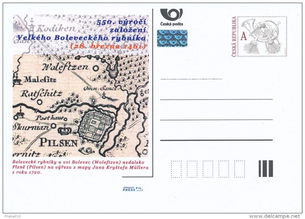 Czech Rep. / Postal Stat. (Pre2011/13) 550 Ann. Of Great Bolevec Pond (Pilsen), Map Johann Christoph Müller (1673-1721) - Cartes Postales