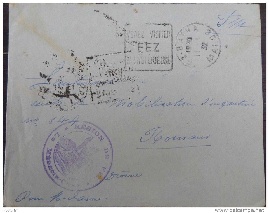 ENVELOPPE DÉPART FEZ MAROC 1932 SANS TIMBRE AVEC TAMPON MILITAIRE "RÉGION DE FEZ" - Morocco (1956-...)