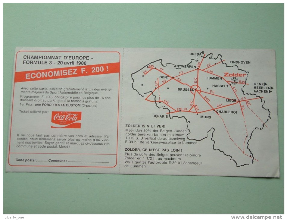 ZOLDER Omloop - Kampioenschap Van Europa FORMULE 3 - 20 April 1980 Uitnodiging ( 200 F Voordeel / Détail Voir Photo ) ! - Toegangskaarten