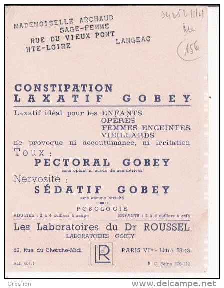 CARTE PUBLICITAIRE SIROP LAXATIF GOBEY  404.1 - Reclame