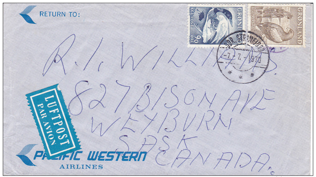 Cover & Letter , Pacific Western Airlines , PU-1970 GRONLAND - Greenland