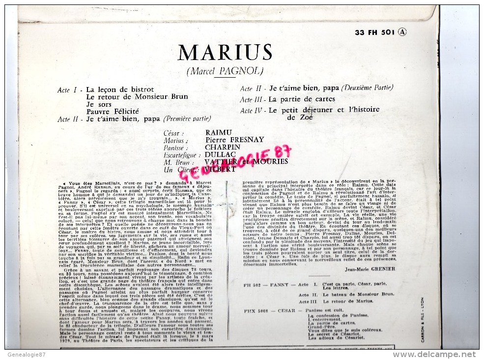 VINYLE 33 TOURS - MARIUS DE MARCEL PAGNOL- RAIMU ET PIERRE FRESNAY -CHARPIN- COLUMBIA - Filmmuziek