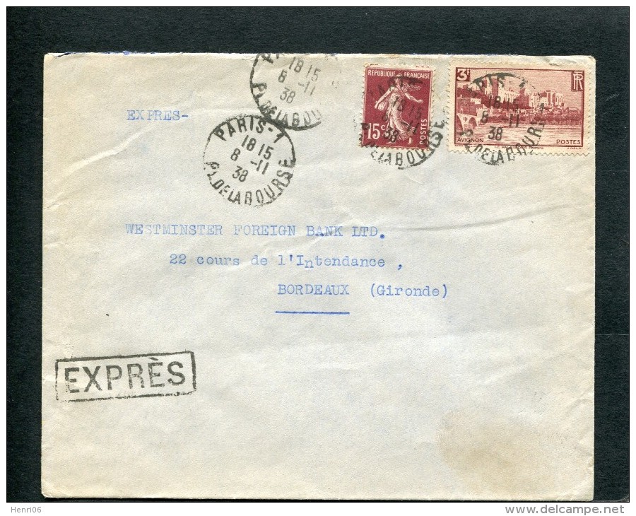 =*= Semeuse 189 + 391 Sur Lettre Exprès Au Tarif Paris Pour Bordeaux 8 Novembre 1938  =*= - Cartas & Documentos