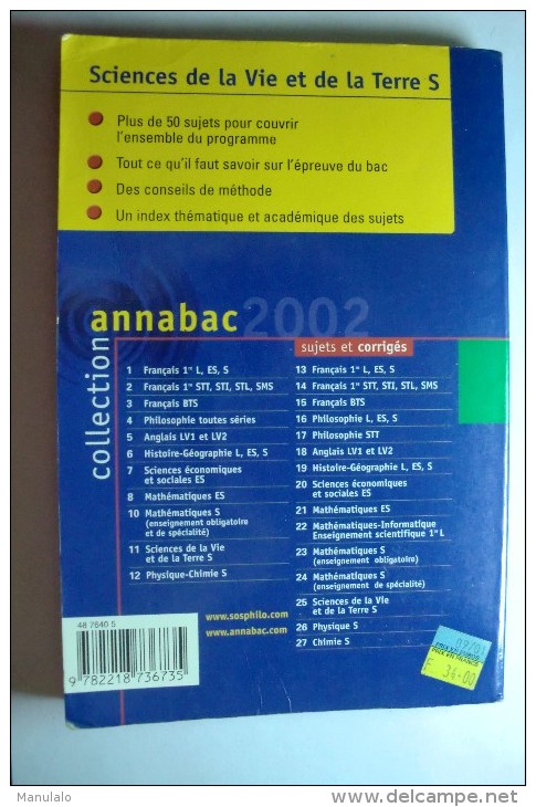 Livre Hatier - Annabac 2002 - Sujets - Sciences De La Vie Et De La Terre S - N° 11 - 18 Ans Et Plus