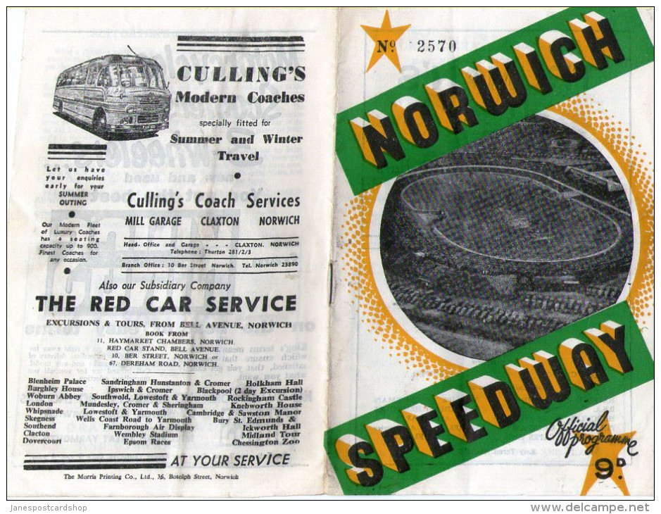 NORWICH SPEEDWAY OFFICIAL PROGRAMME JULY 23RD 1960 - Good Adverts Including Culling's Coaches - Programs