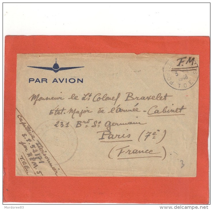 DEVANT DE LETTRE FM AVION POSTES AUX ARMEES 3/4/48 TOE SP 52171 P/ETAT MAJOR ARMEE PARIS - Vietnamkrieg/Indochinakrieg