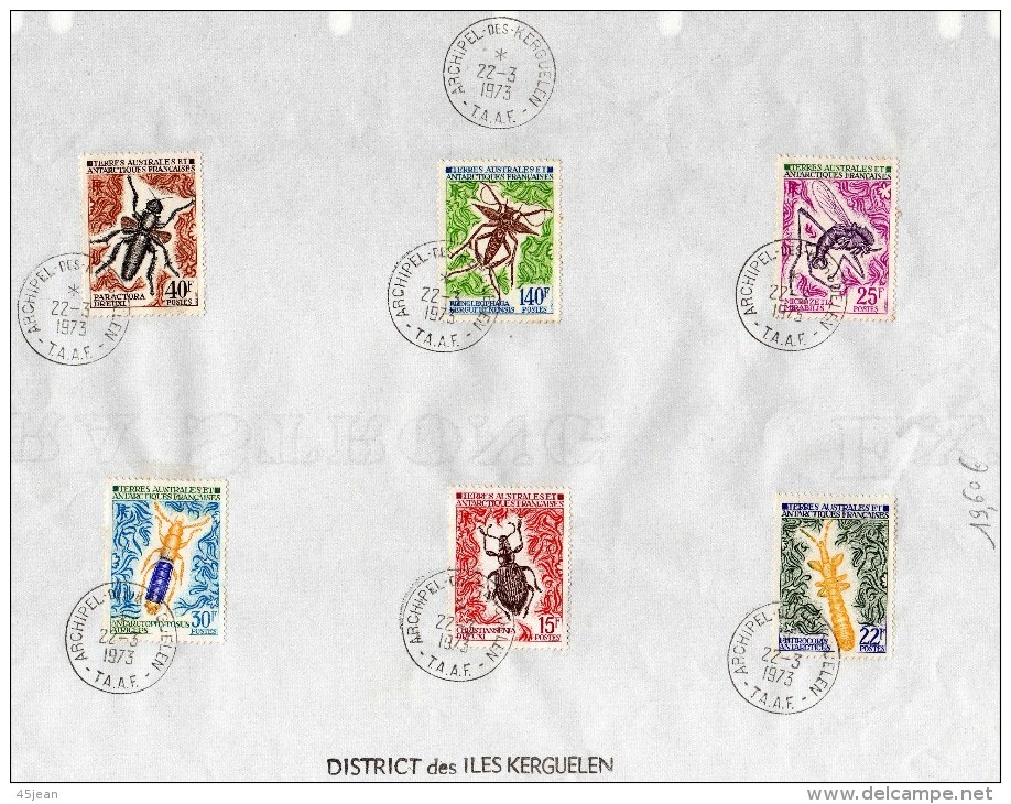 TAAF/ 1972 -73 Timbres Insectes N° 40-41-42-49-50-51 Collés Sur Feuille Avec Cachet 22-03-73 Kerguelen - Used Stamps