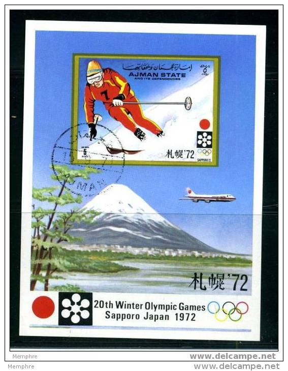 AJMAN   Sapporo Olympic Games Skier And Mt Fuji  Used  Souvenir Sheet - Winter 1972: Sapporo