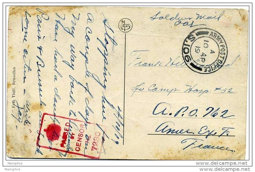 1919 Soldier's Free Mail Brussels Postcard To France Red Boxed &laquo;Passed By Censor No 7230&raquo; APO S. 106 - Covers & Documents