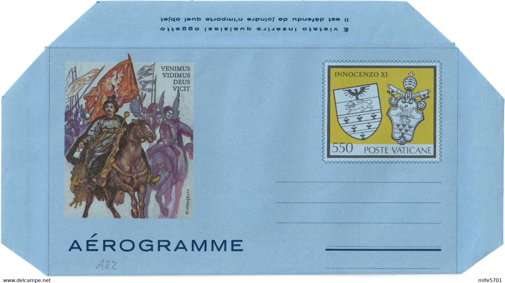 VATICANO - INTERO POSTALE / AEROGRAMMA TIPO INNOCENZO XI / STEMMA DEL PAPA L. 550 - 1984 - FILAGRANO "A22" - NUOVO ** - Entiers Postaux