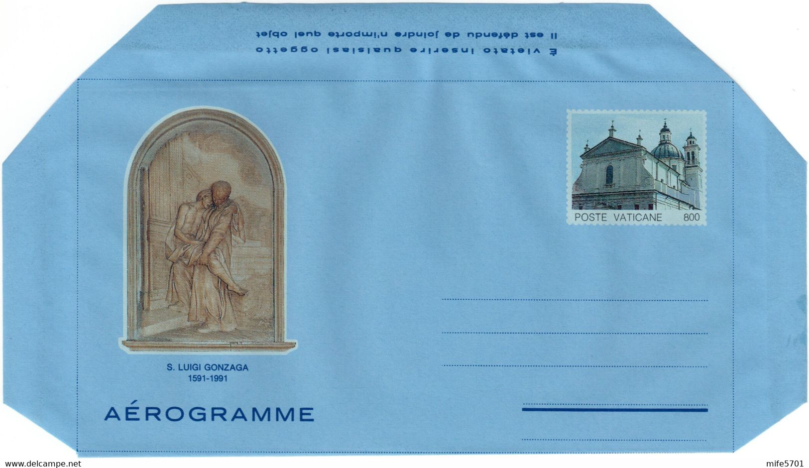 VATICANO - INTERO POSTALE / AEROGRAMMA TIPO SAN LUIGI GONZAGA L. 800 - 1991 - CATALOGO FILAGRANO "A29" - NUOVO ** - Postal Stationeries