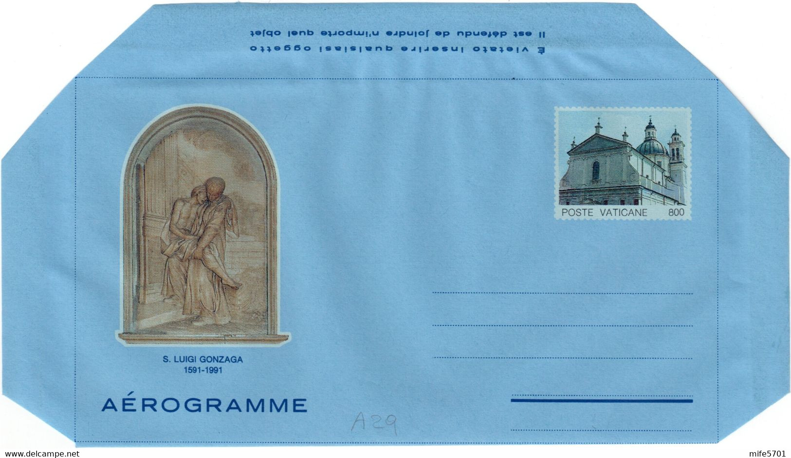 VATICANO - INTERO POSTALE / AEROGRAMMA TIPO SAN LUIGI GONZAGA L. 800 - 1991 - CATALOGO FILAGRANO "A29" - NUOVO ** - Postal Stationeries