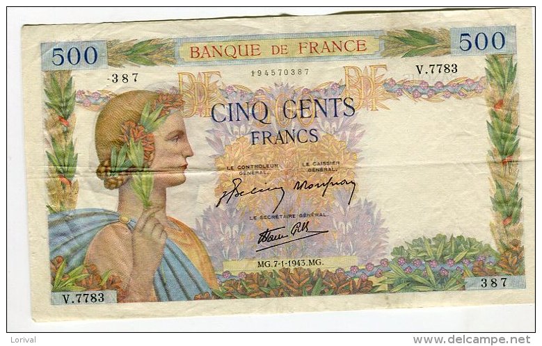 Billet 500 Francs La Paix 7-1-1943 - 500 F 1940-1944 ''La Paix''