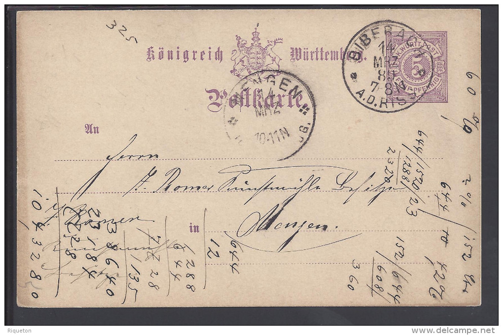 ALLEMAGNE - 1889 - WURTEMBERG -  CARTE ENTIER POSTAL DE BIBERACH A DESTINATION DE MENGEN - - Entiers Postaux