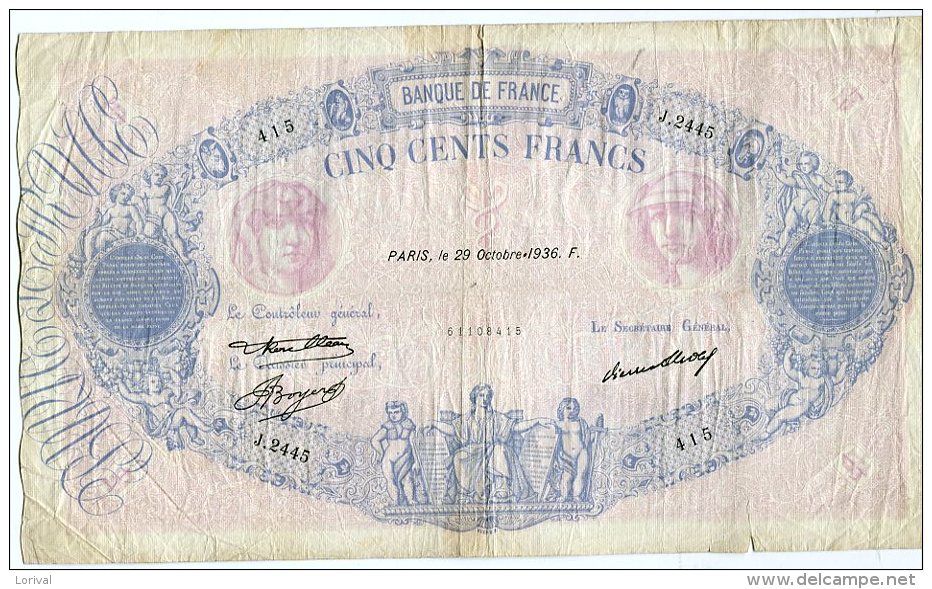 500 Francs 29-10-1936 - 500 F 1888-1940 ''Bleu Et Rose''