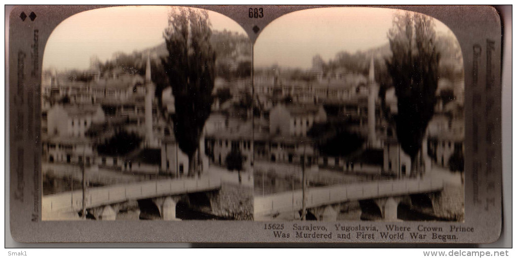 PAPPE FOTO DIMENSIONEN  17.8x9cm SARAJEVO PANORAMA WHERE CROWN PRINCE WAS MURDERED AND1ST WW BEGUN - Stereo-Photographie