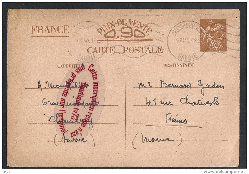 K381 - Entier Postal Iris 0,90 Sur Carte Postale 1941 - Chambéry RP - Savoie - Cachet Hexagonal 4 Partiel - Cartes Postales Types Et TSC (avant 1995)