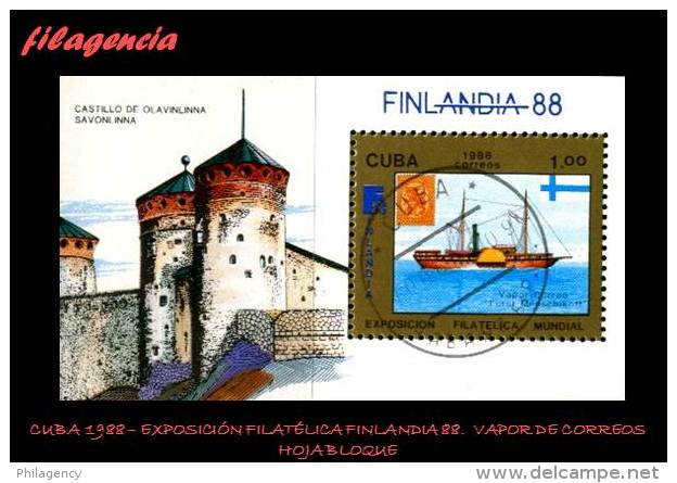 USADOS. CUBA. 1988-11 EXPOSICIÓN FILATÉLICA FINLANDIA 88. BARCOS. HOJA BLOQUE - Oblitérés