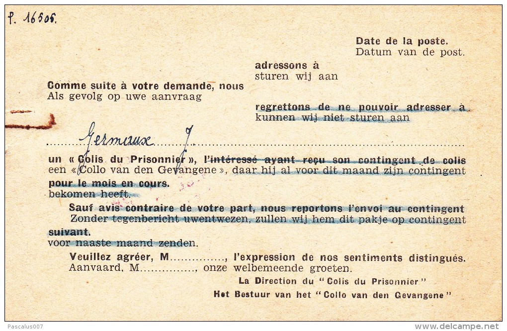 A00028 - Carte Postale - Croix-Rouge De Belgique - Colis Du Prisonnier - BRUXELLES1 - 13-12-1940 Vers Jumet - Franchise - Other & Unclassified