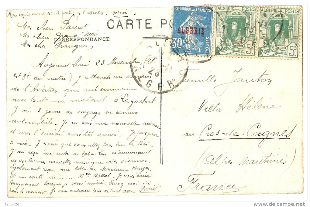 LBL23 - ALGERIE CPA VOYAGEE ALGER / CAGNES 23 NOVEMBRE 1926 - Lettres & Documents