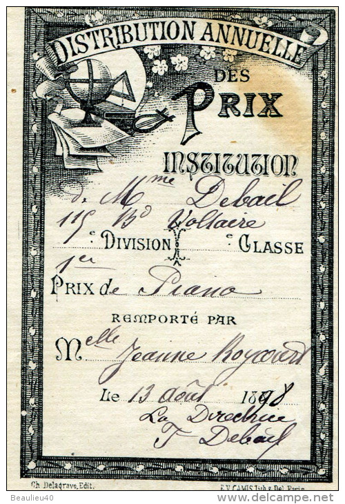 DISTRIBUTION ANNUELLE DES PRIX    1ER PRIX DE PIANO DU  13 AOUT 1898 - Diplomas Y Calificaciones Escolares