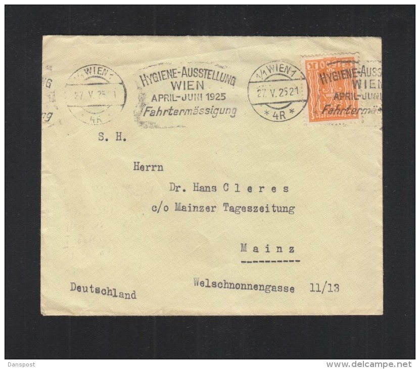 Österreich Brief 1925 Stempel Hygiene Ausstellung Wien 1925 - Storia Postale