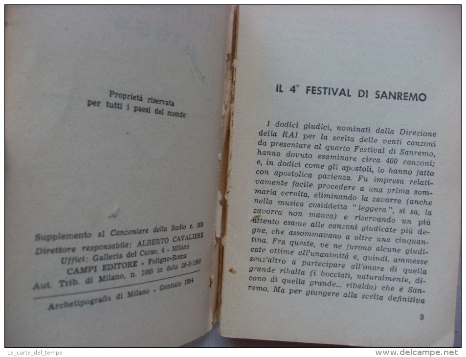 "Le Canzoni Del Festival 1954 - 4°Festival Della Canzone R.A.I. SANREMO" Messaggerie Musicali Milano - Música