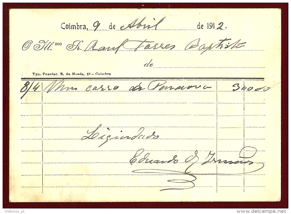 A MODERNA - ALQUILARIA DE JOSE ADELINO FILHOS - TRENS DE ALUGUER - 1910 INVOICE - Portogallo