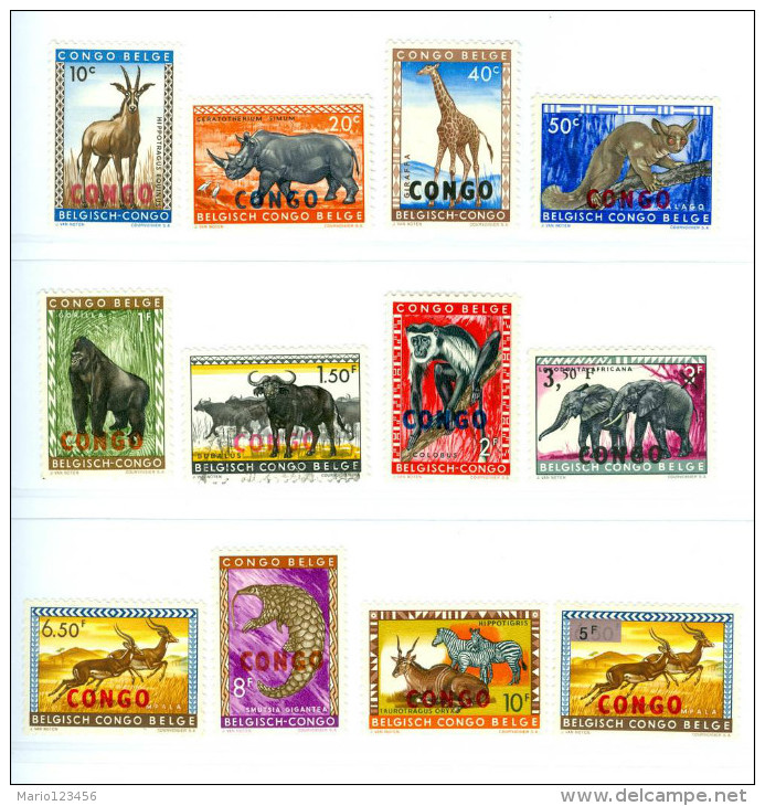 REPUBBLICA DEMOCRATICA DEL CONGO, ANIMALI PROTETTI, 1959, FRANCOBOLLI NUOVI (MLH*), Scott 341-352, 539 - Unused Stamps