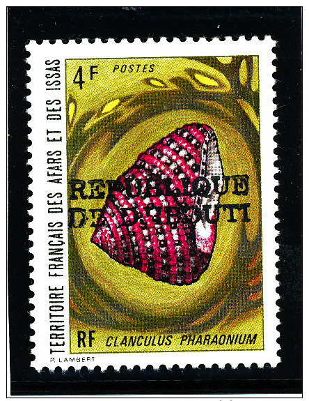 Djibouti 1977  (Surcharge Locale - 4F. - Clanculus Pharaonium - Tirage 1000 Ex. ) Luxe   TRES RARE   Signé  -  TRES RARE - Coquillages