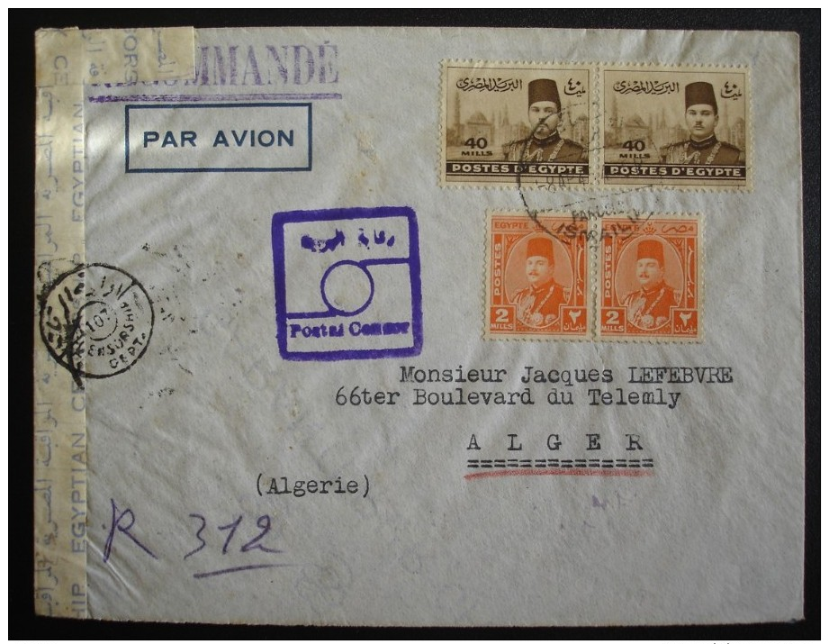 EGYPTE / MARCOPHILIE / Enveloppe De 1945 Pour Alger- 1 Bande Et Un Cachet De Contrôle - Covers & Documents