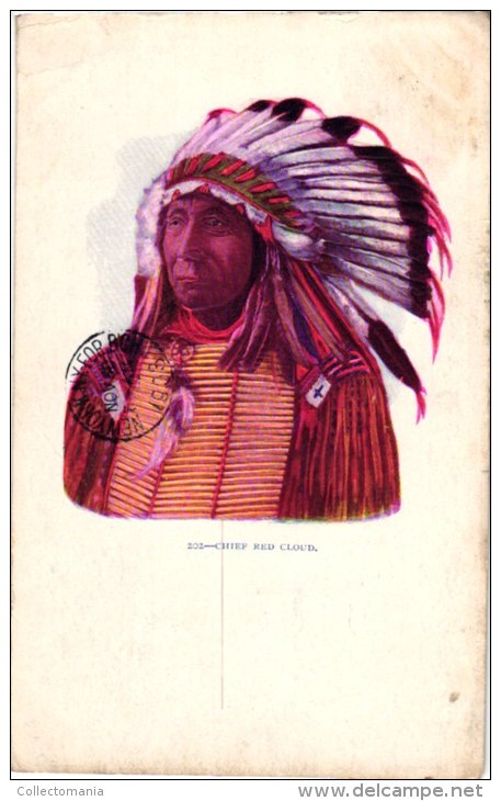 ETNISCH     3 PC  Chief Red Cloud  1903  Crown Indian Chief 116 Years Old    Indian Family - Indiens D'Amérique Du Nord