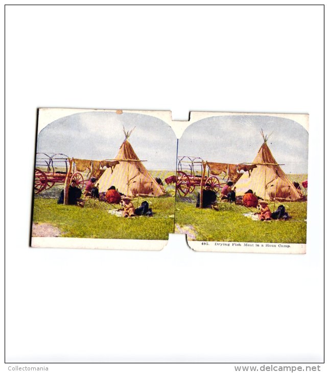 C1898, 4 Stereo Cards NO POSTCARDS Indians Tepee Chief Black Hawk Pueblos Of Taos Sioux Wigwam Nahami Native Americans - Indianer