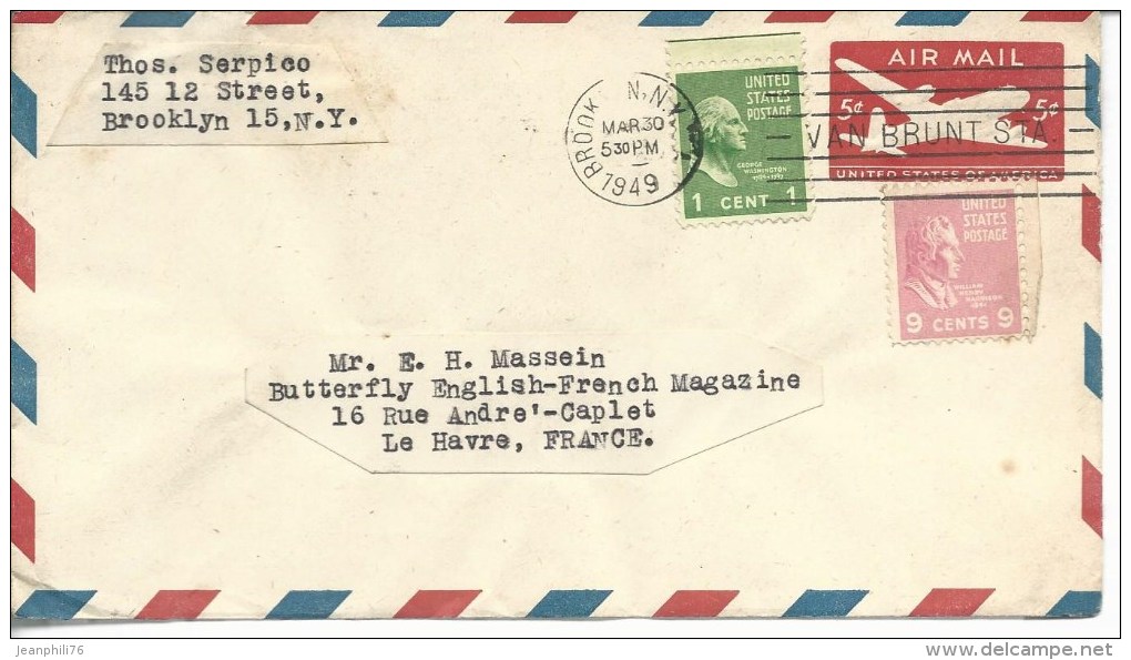 Etats-unis Entier Postal Air Mail 5cents + Complément Pour Le Havre éditions Butterfly - 1941-60