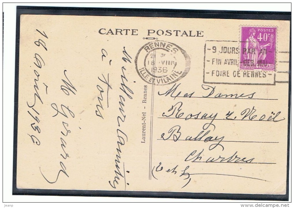 40c Type Paix Yvert 281 Seul Sur Carte Postale Illustrée, 1936, OMEC Rennes - 1932-39 Paix