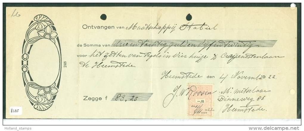 KWITANTIE + ZEGEL Van HEEMSTEDE Uit 1922 * FISCAAL BELASTING ZEGEL (8285) - Fiscaux