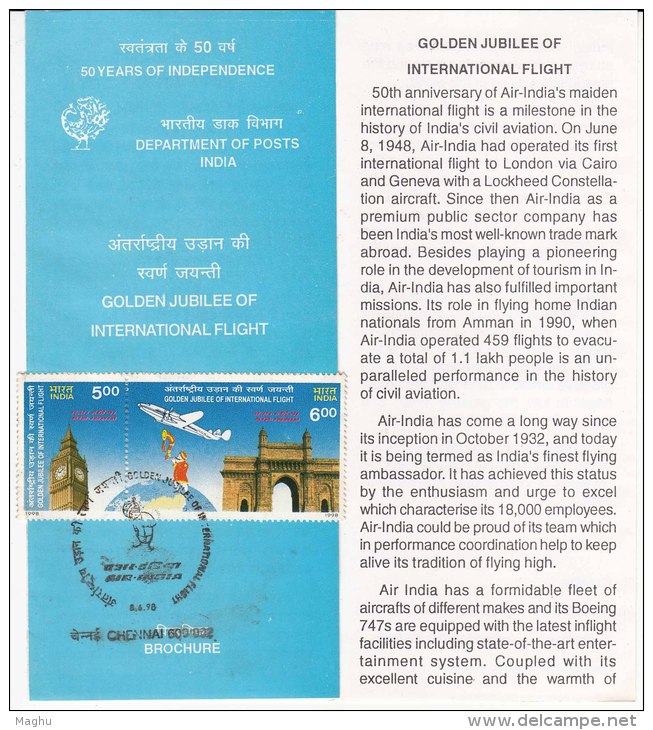 Stamped Information Se-tenent Golden Jubilee International Flight, Air India 1998, Airplane Big Ben Clock London Gateway - Airplanes