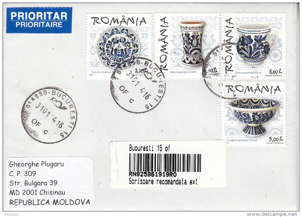ROMANIA 2013 : TRADITIONAL HUNGARIAN POTTERY Set On Cover Circulated To MOLDOVA - Registered Shipping! Envoi Enregistre! - Usati