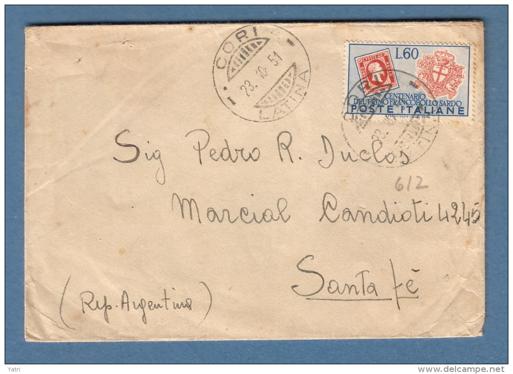 Italia -  1951 - 60 Lire "Sardegna" Isolato Su Lettera Per L'Argentina - 1946-60: Marcophilie