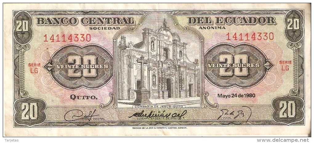 BILLETE DE ECUADOR DE 20 SUCRES DEL AÑO 1980 (BANKNOTE) - Equateur