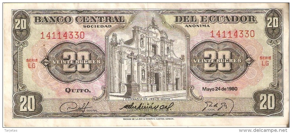 BILLETE DE ECUADOR DE 20 SUCRES DEL AÑO 1980 (BANKNOTE) - Ecuador