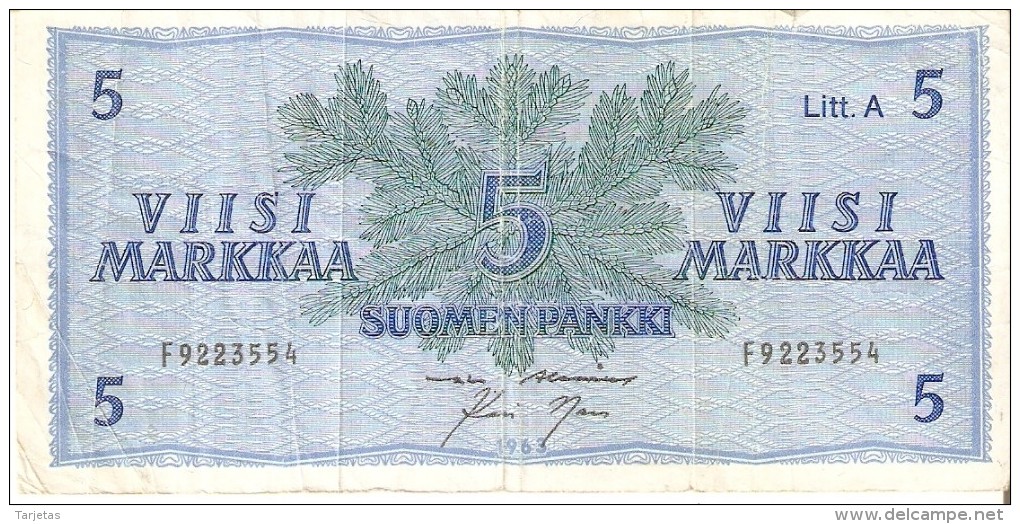 BILLETE DE FINLANDIA DE 5 MARKKAA DEL AÑO 1963  (BANKNOTE) - Finlandia