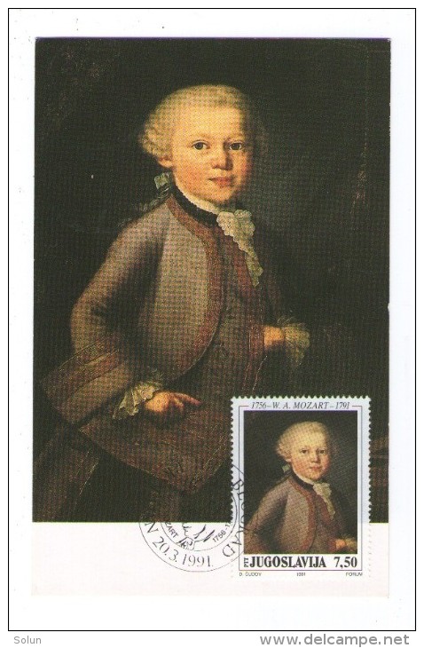 YUGOSLAVIA JUGOSLAVIJA MC MK MAXIMUM CARD 1991 W.A. MOZART ART FAMOUS PERSONS - Cartoline Maximum