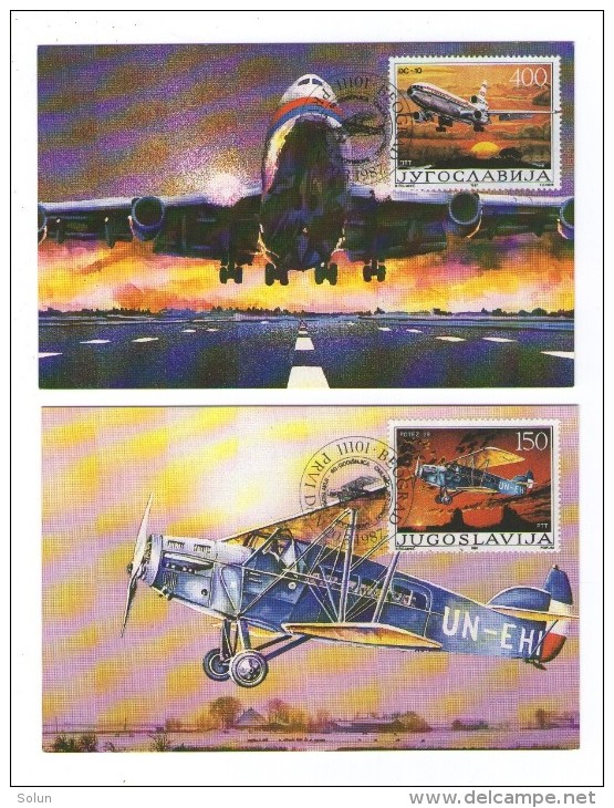 YUGOSLAVIA JUGOSLAVIJA  2 X  MC MK MAXIMUM CARD 1987 ANNIVERSARY CIVIL AIR TRAFFIC AVIATION AERO PLANE HELICOPTER - Cartes-maximum