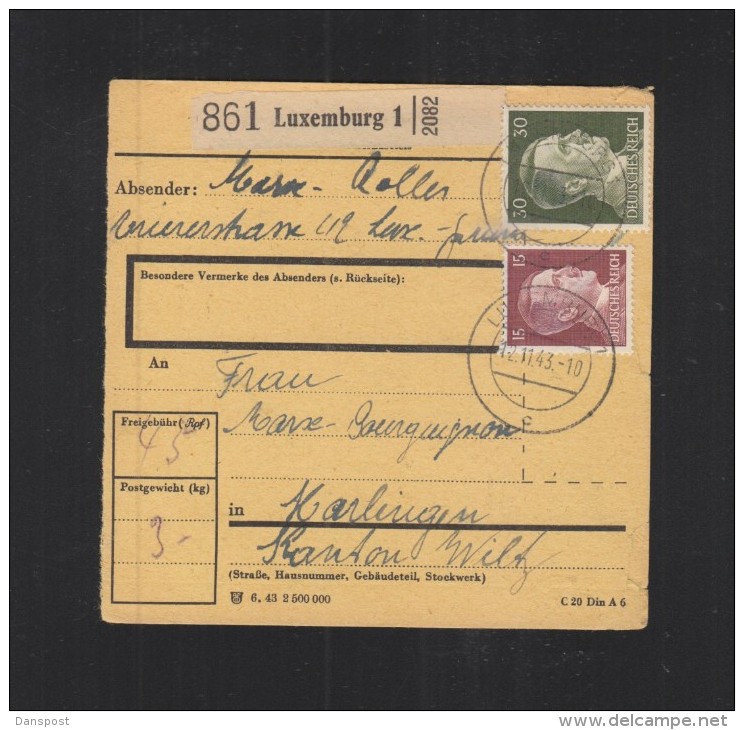 Luxemburg Paketkarte 1943 - Occupation