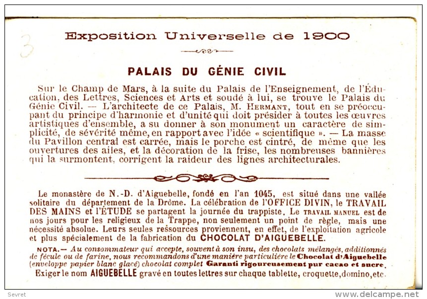 Chromo Didactique  Chocolat D´AIGUEBELLE. Série  EXPO UNIVERSELLE 1900. Palais Du Génie Civil - Aiguebelle