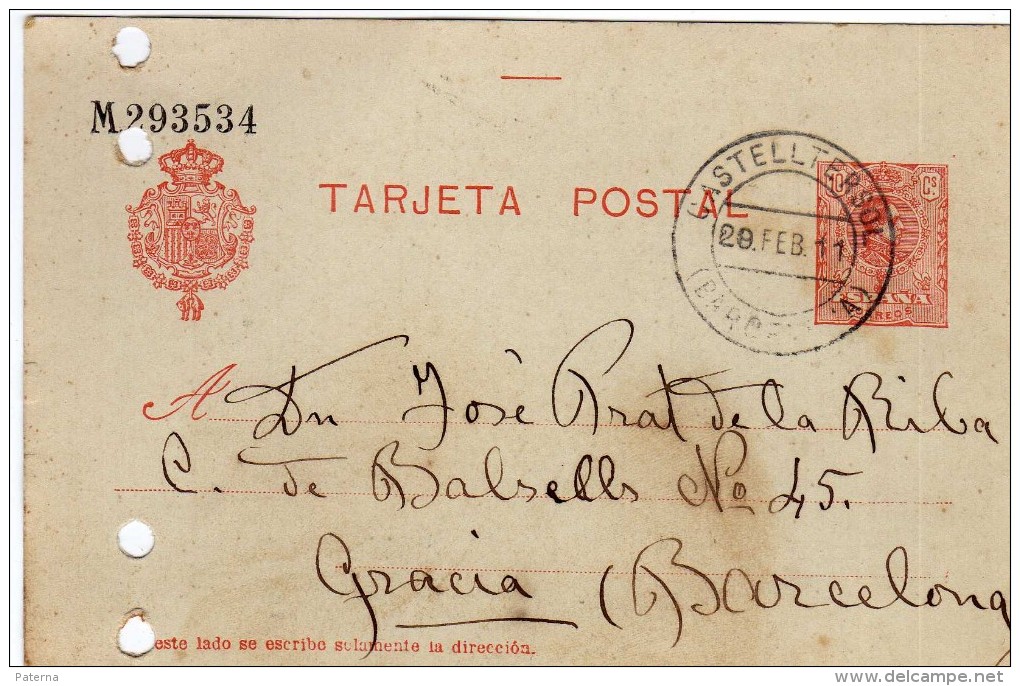 1438  Entero Postal Castelltersol 1911 Barcelona Alfonso Xlll Medallon - 1850-1931