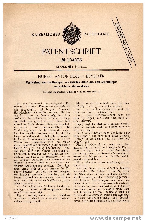 Original Patentschrift - Hubert Anton Boes In Kevelaer , 1898 , Wasserstromausstoß Zur Schiff - Fortbewegung , Schiffbau - Autres & Non Classés