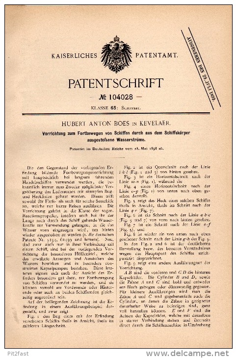 Original Patentschrift - Hubert Anton Boes In Kevelaer , 1898 , Wasserstromausstoß Zur Schiff - Fortbewegung , Schiffbau - Altri & Non Classificati